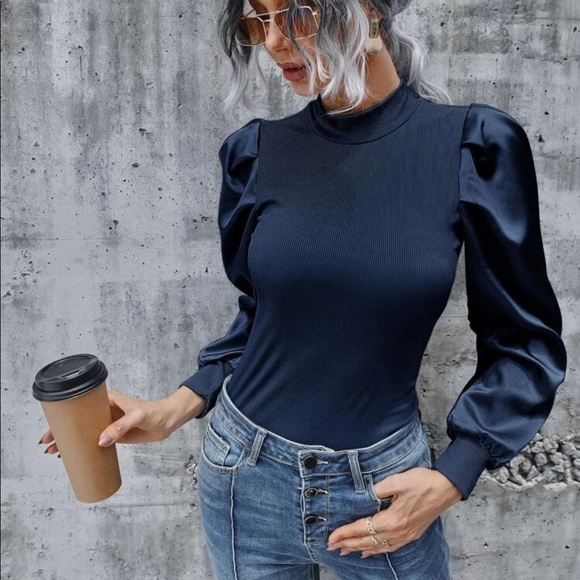 Boho black ribbed knit satin puff sleeve blouse - Picture 7 of 15